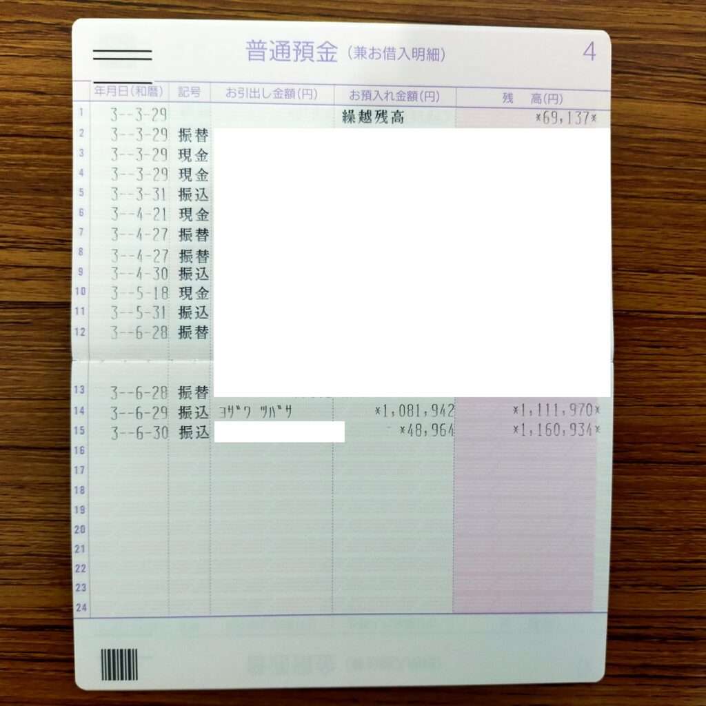 樋口雅則様の通帳
